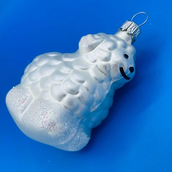 Cute White Glittery Blown Glass Fluffy Sheep Lamp Christmas Tree Ornament - Picture 3 of 8